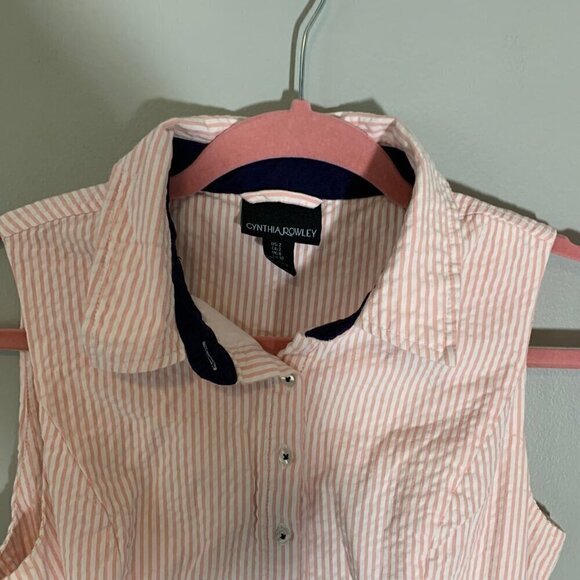 Cynthia Rowley pink white striped seersucker sleeveless collared button dress - Picture 3 of 11